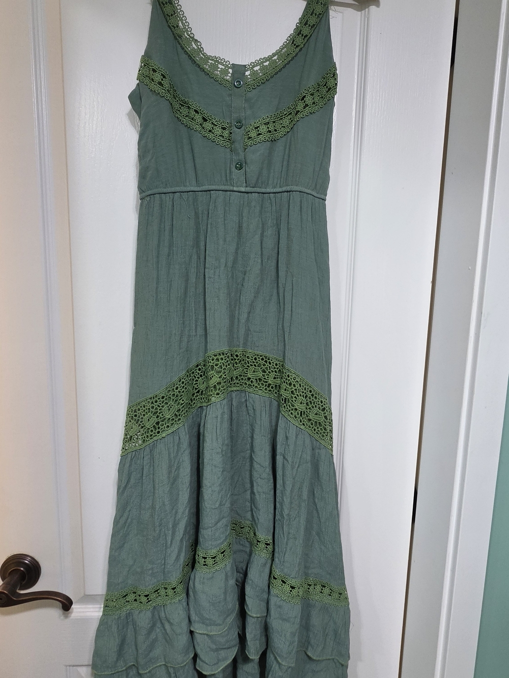Rebellion Sage Green Crochet-Trim Midi Dress